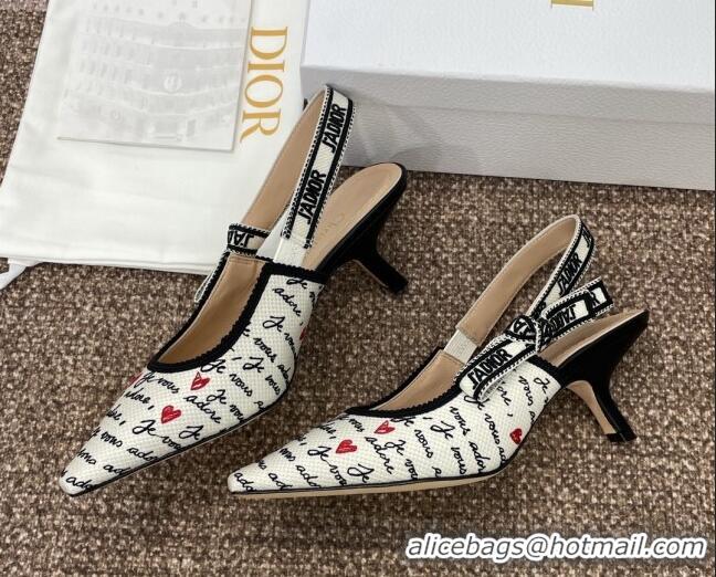 Stylish Dior J'Adior Dioramour Slingback Pumps 6.5cm in White Cotton with Embroidered Black and Red Je Vous Adore Motif 