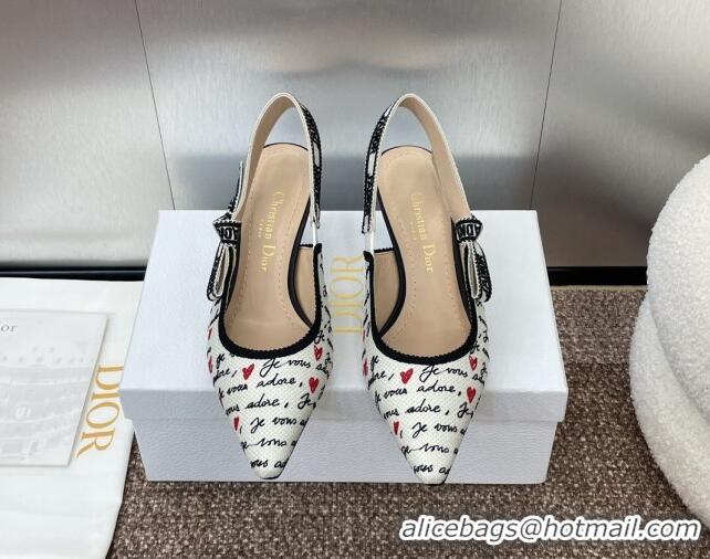 Stylish Dior J'Adior Dioramour Slingback Pumps 6.5cm in White Cotton with Embroidered Black and Red Je Vous Adore Motif 