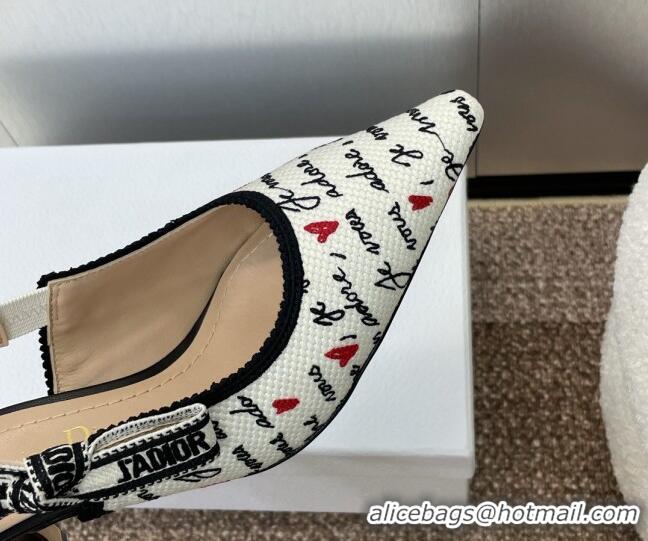 Stylish Dior J'Adior Dioramour Slingback Pumps 6.5cm in White Cotton with Embroidered Black and Red Je Vous Adore Motif 