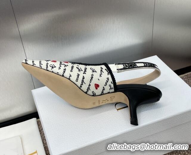 Stylish Dior J'Adior Dioramour Slingback Pumps 6.5cm in White Cotton with Embroidered Black and Red Je Vous Adore Motif 