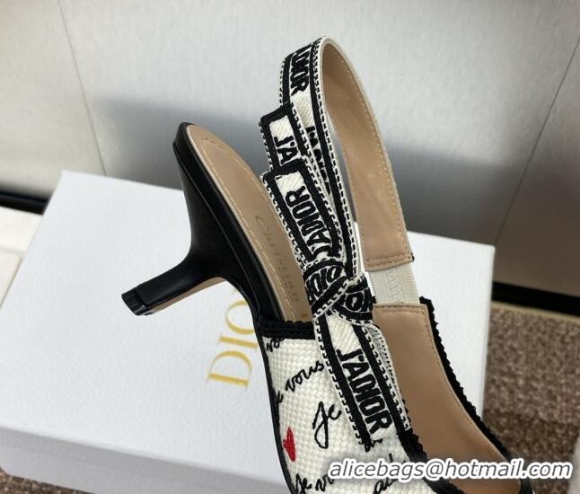 Stylish Dior J'Adior Dioramour Slingback Pumps 6.5cm in White Cotton with Embroidered Black and Red Je Vous Adore Motif 