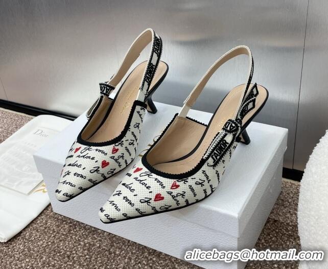 Stylish Dior J'Adior Dioramour Slingback Pumps 6.5cm in White Cotton with Embroidered Black and Red Je Vous Adore Motif 