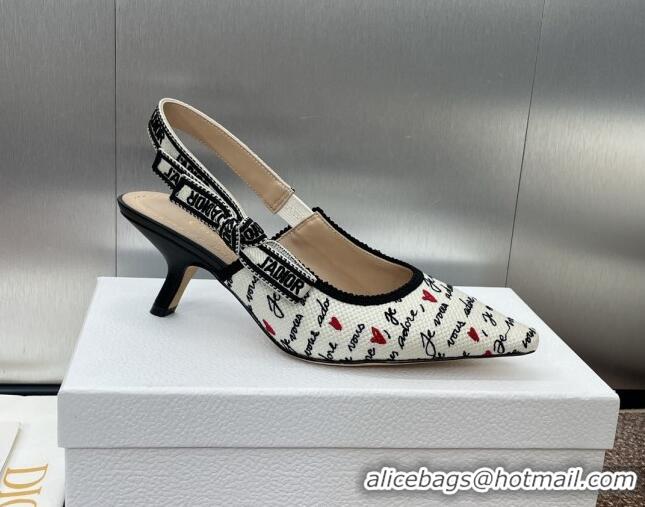 Stylish Dior J'Adior Dioramour Slingback Pumps 6.5cm in White Cotton with Embroidered Black and Red Je Vous Adore Motif 