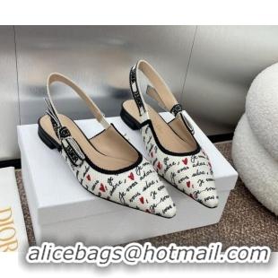 Unique Style Dior J'Adior Dioramour Slingback Ballet Flat in White Cotton with Embroidered Black and Red Je Vous Adore M