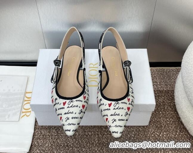 Unique Style Dior J'Adior Dioramour Slingback Ballet Flat in White Cotton with Embroidered Black and Red Je Vous Adore M