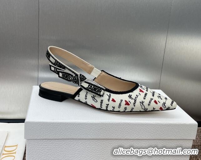 Unique Style Dior J'Adior Dioramour Slingback Ballet Flat in White Cotton with Embroidered Black and Red Je Vous Adore M