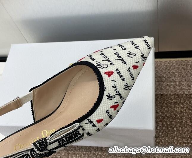 Unique Style Dior J'Adior Dioramour Slingback Ballet Flat in White Cotton with Embroidered Black and Red Je Vous Adore M