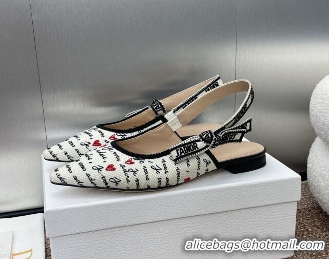 Unique Style Dior J'Adior Dioramour Slingback Ballet Flat in White Cotton with Embroidered Black and Red Je Vous Adore M