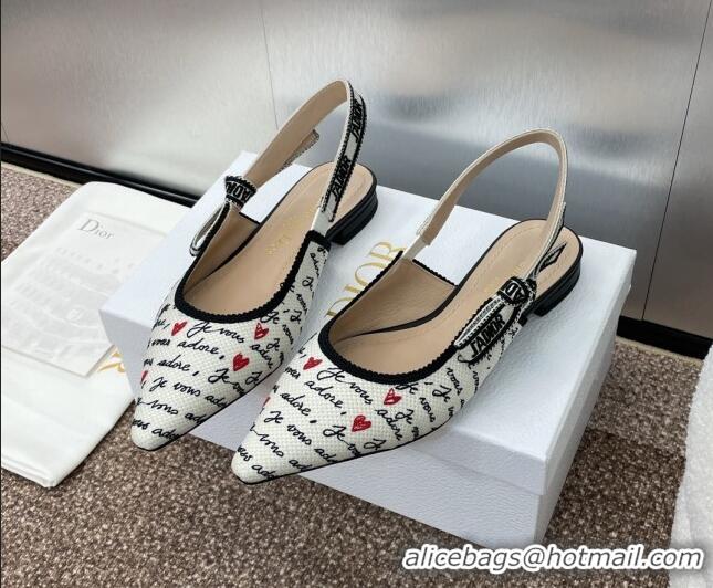 Unique Style Dior J'Adior Dioramour Slingback Ballet Flat in White Cotton with Embroidered Black and Red Je Vous Adore M