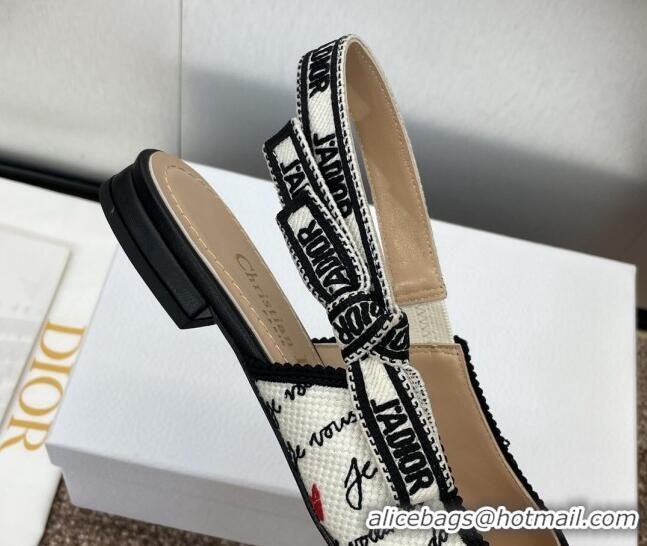 Unique Style Dior J'Adior Dioramour Slingback Ballet Flat in White Cotton with Embroidered Black and Red Je Vous Adore M