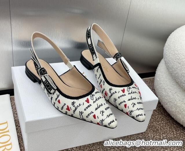 Unique Style Dior J'Adior Dioramour Slingback Ballet Flat in White Cotton with Embroidered Black and Red Je Vous Adore M