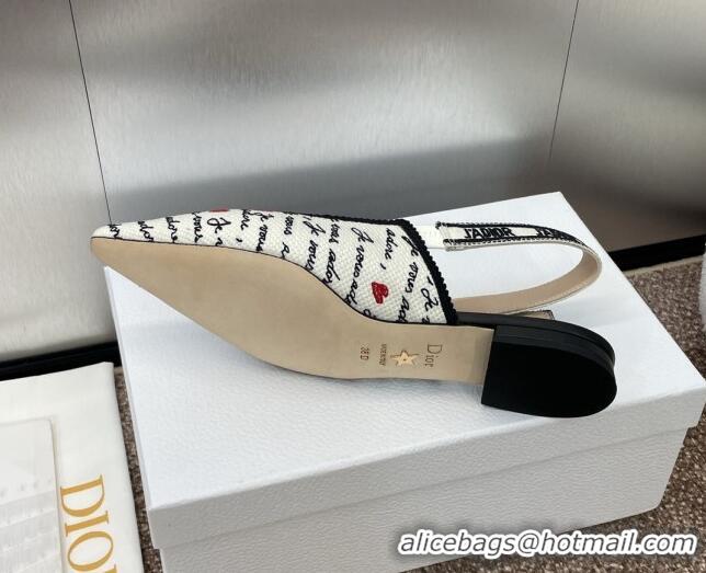 Unique Style Dior J'Adior Dioramour Slingback Ballet Flat in White Cotton with Embroidered Black and Red Je Vous Adore M