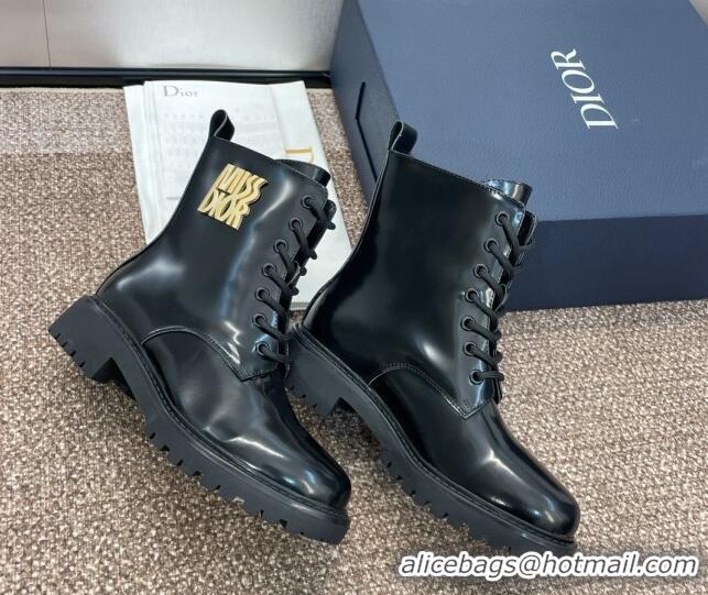 Luxurious Dior Miss Dior Lace-up Ankle Boots in Shiny Leather Black 905003