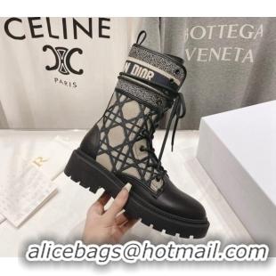 Good Quality Dior D-Major Ankle Boots in Black Calfskin with Beige Embroidered Cannage Cotton 905009