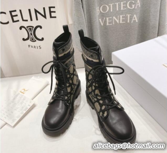 Good Quality Dior D-Major Ankle Boots in Black Calfskin with Beige Embroidered Cannage Cotton 905009