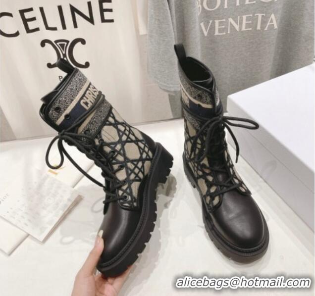 Good Quality Dior D-Major Ankle Boots in Black Calfskin with Beige Embroidered Cannage Cotton 905009