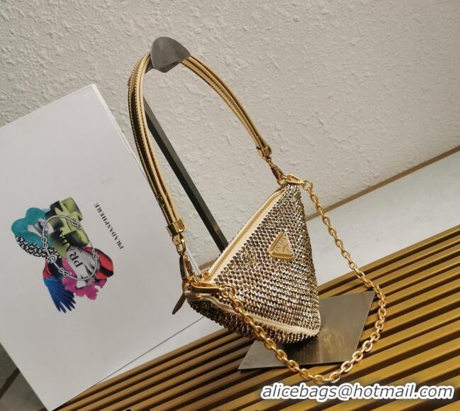 Top Grade Prada Triangle Crystal Mini Bag 1BC190 Gold 2023