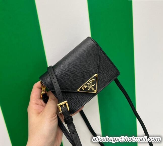 Best Grade Prada Saffiano leather card holder with shoulder strap 1MR033 Black 2023