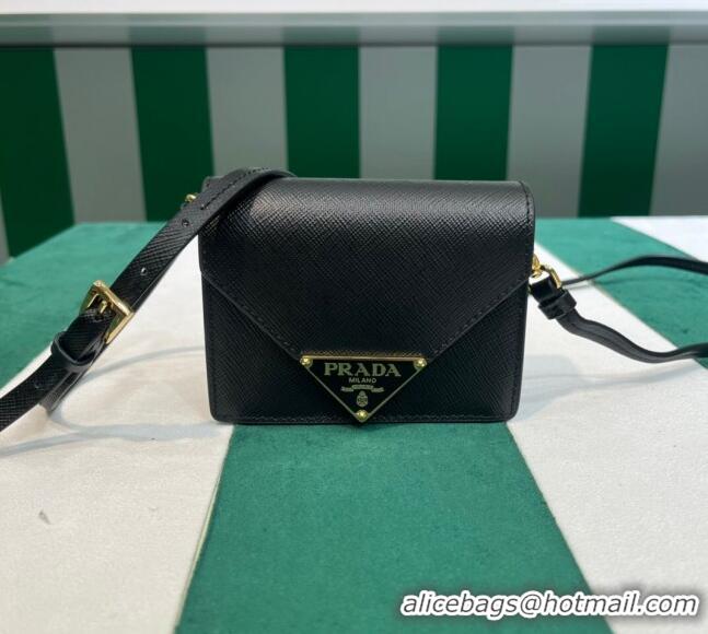 Best Grade Prada Saffiano leather card holder with shoulder strap 1MR033 Black 2023