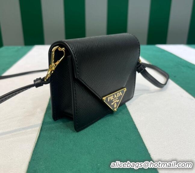 Best Grade Prada Saffiano leather card holder with shoulder strap 1MR033 Black 2023