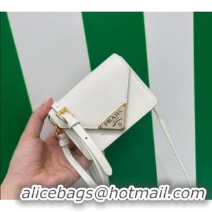 Top Grade Prada Saffiano leather card holder with shoulder strap 1MR033 White 2023