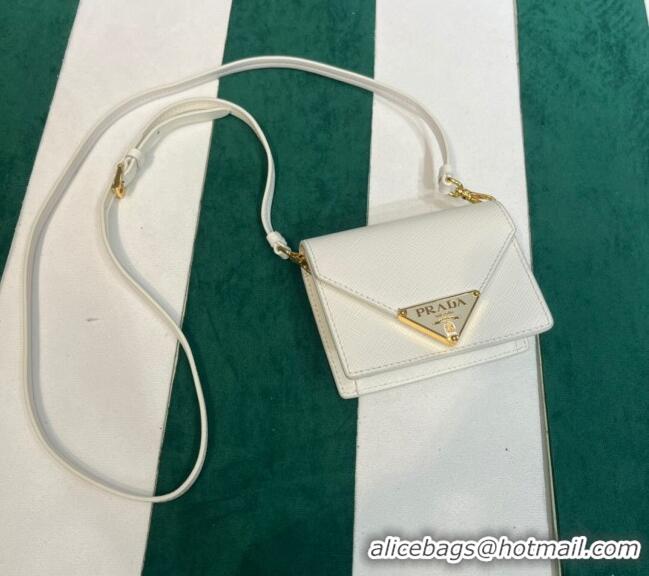 Top Grade Prada Saffiano leather card holder with shoulder strap 1MR033 White 2023