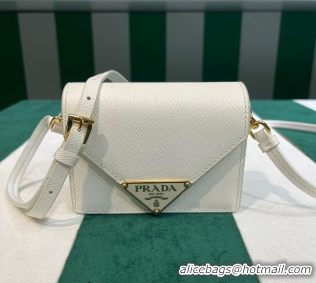 Top Grade Prada Saffiano leather card holder with shoulder strap 1MR033 White 2023