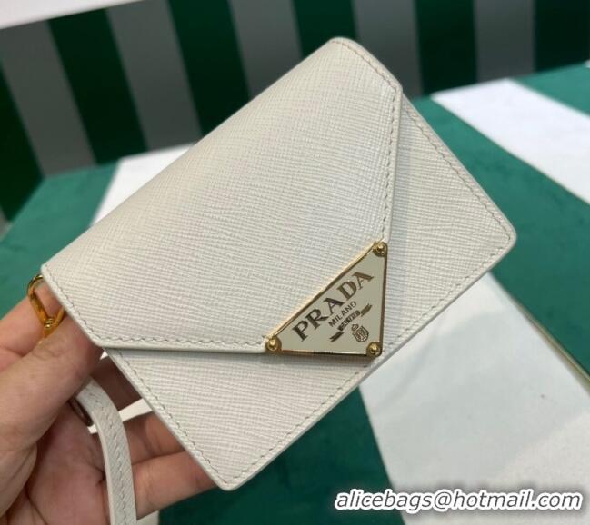 Top Grade Prada Saffiano leather card holder with shoulder strap 1MR033 White 2023