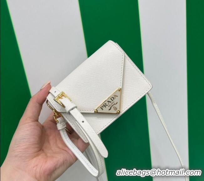 Top Grade Prada Saffiano leather card holder with shoulder strap 1MR033 White 2023