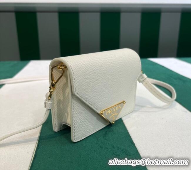 Top Grade Prada Saffiano leather card holder with shoulder strap 1MR033 White 2023