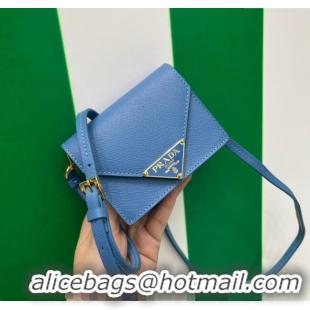 Good Looking Prada Saffiano leather card holder with shoulder strap 1MR033 Blue 2023