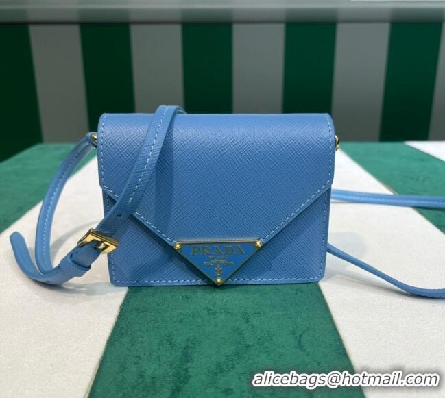 Good Looking Prada Saffiano leather card holder with shoulder strap 1MR033 Blue 2023