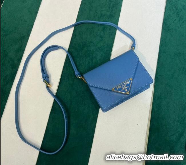 Good Looking Prada Saffiano leather card holder with shoulder strap 1MR033 Blue 2023