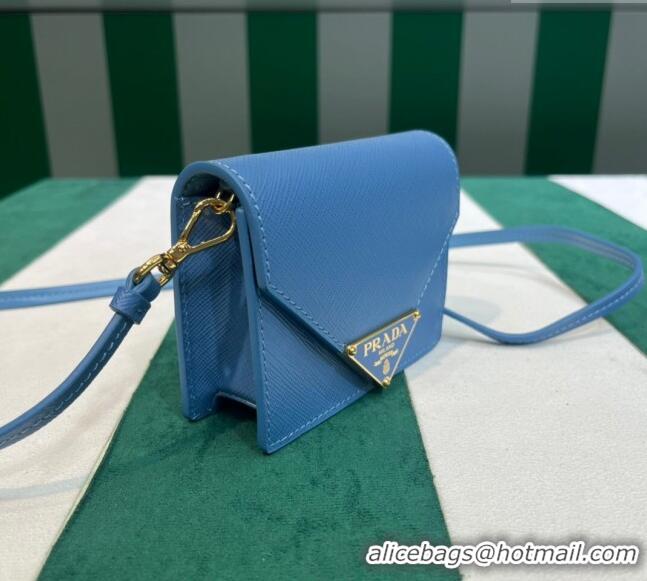 Good Looking Prada Saffiano leather card holder with shoulder strap 1MR033 Blue 2023