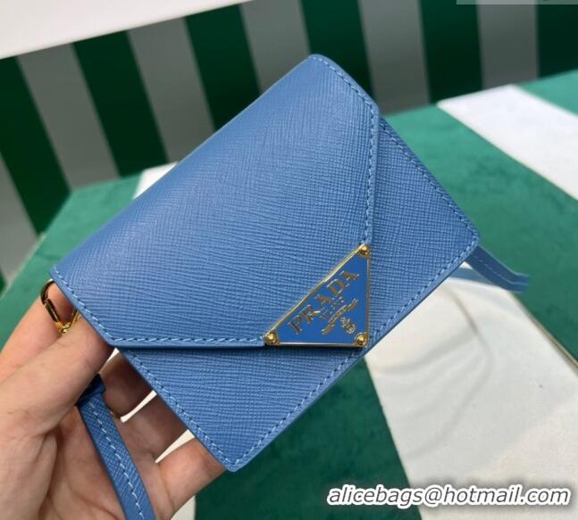 Good Looking Prada Saffiano leather card holder with shoulder strap 1MR033 Blue 2023