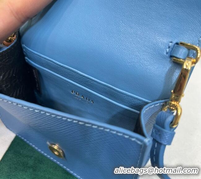 Good Looking Prada Saffiano leather card holder with shoulder strap 1MR033 Blue 2023