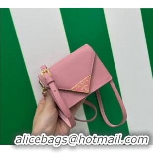 Most Popular Prada Saffiano leather card holder with shoulder strap Petal 1MR033 Pink 2023