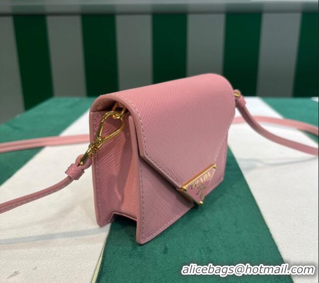 Most Popular Prada Saffiano leather card holder with shoulder strap Petal 1MR033 Pink 2023