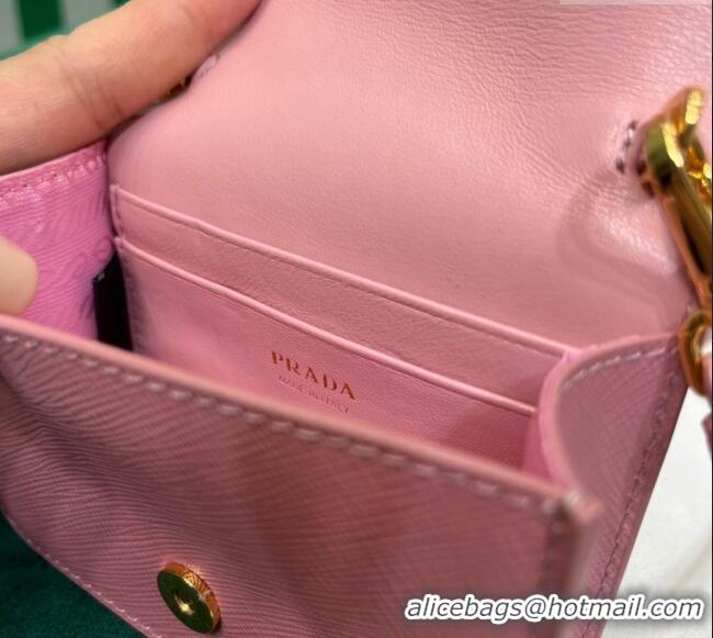 Most Popular Prada Saffiano leather card holder with shoulder strap Petal 1MR033 Pink 2023