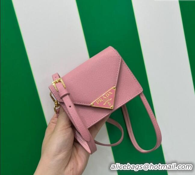 Most Popular Prada Saffiano leather card holder with shoulder strap Petal 1MR033 Pink 2023