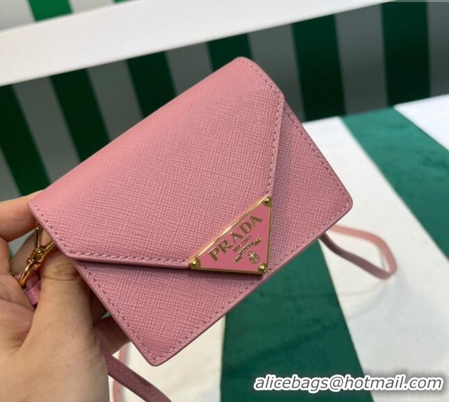 Most Popular Prada Saffiano leather card holder with shoulder strap Petal 1MR033 Pink 2023