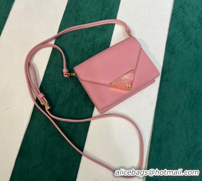 Most Popular Prada Saffiano leather card holder with shoulder strap Petal 1MR033 Pink 2023