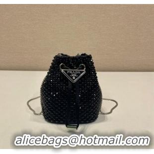 Low Cost Prada Crystal Embellished Satin Mini Pouch 1NR016 Black 2023