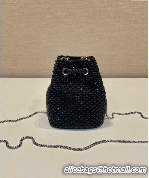 Low Cost Prada Crystal Embellished Satin Mini Pouch 1NR016 Black 2023