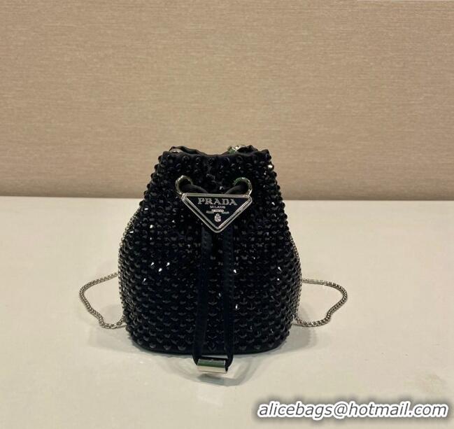 Low Cost Prada Crystal Embellished Satin Mini Pouch 1NR016 Black 2023