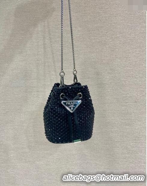 Low Cost Prada Crystal Embellished Satin Mini Pouch 1NR016 Black 2023