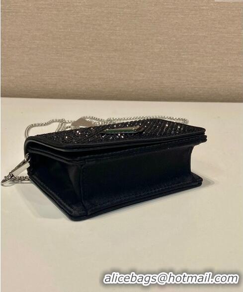 Well Crafted Prada Card Holder with Shoulder Strap and Crystals 1MR024 Black 2023