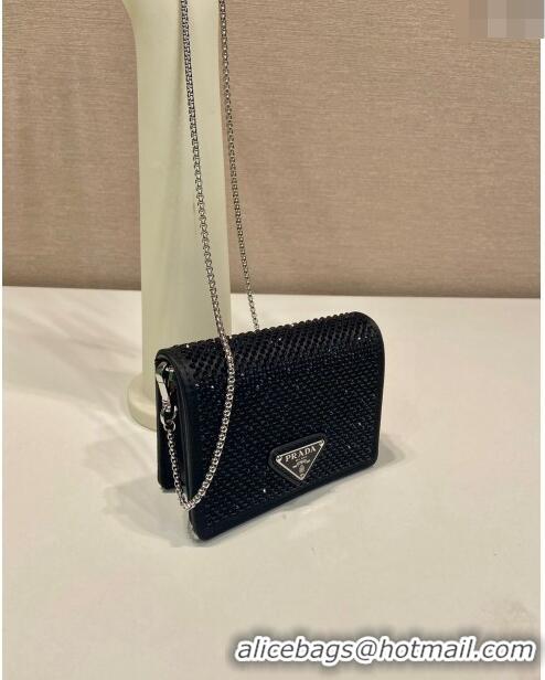 Well Crafted Prada Card Holder with Shoulder Strap and Crystals 1MR024 Black 2023