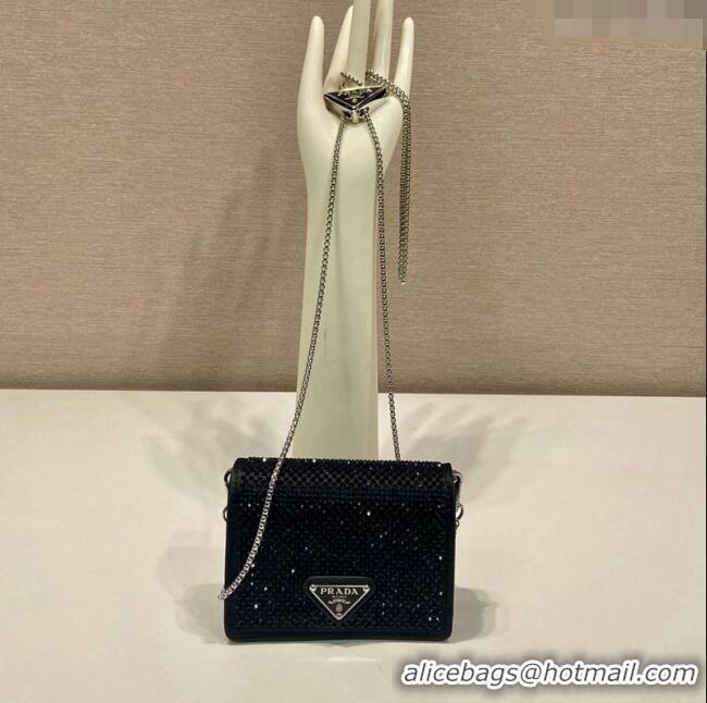 Well Crafted Prada Card Holder with Shoulder Strap and Crystals 1MR024 Black 2023