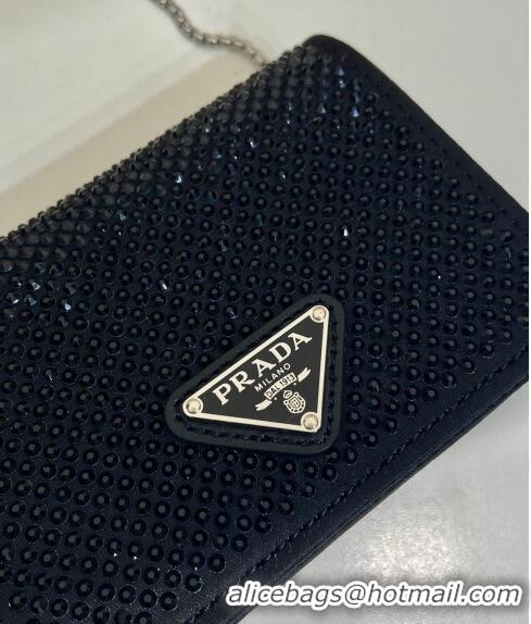 Well Crafted Prada Card Holder with Shoulder Strap and Crystals 1MR024 Black 2023